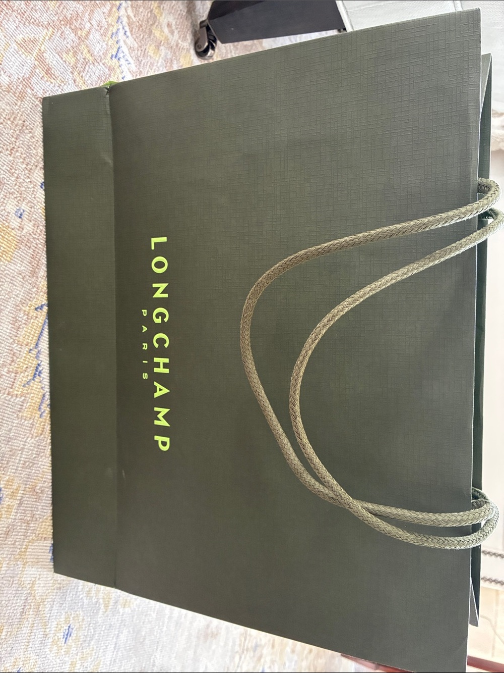 Longchamp Olive Green Shopping Bag with Lime Logo